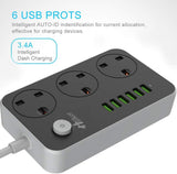 3 Way 6 USB Port Extension Lead