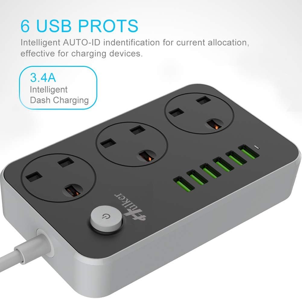 3 Way 6 USB Port Extension Lead