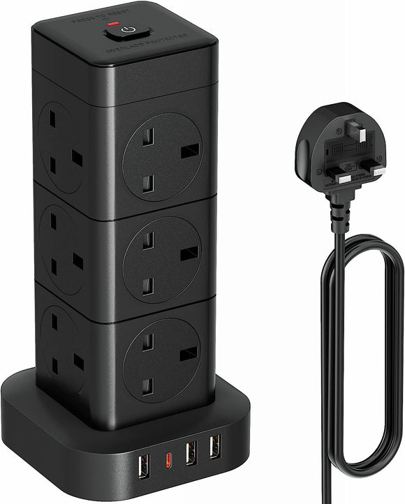 12 Way 1 Type C 3 USB Ports Tower Extension Lead