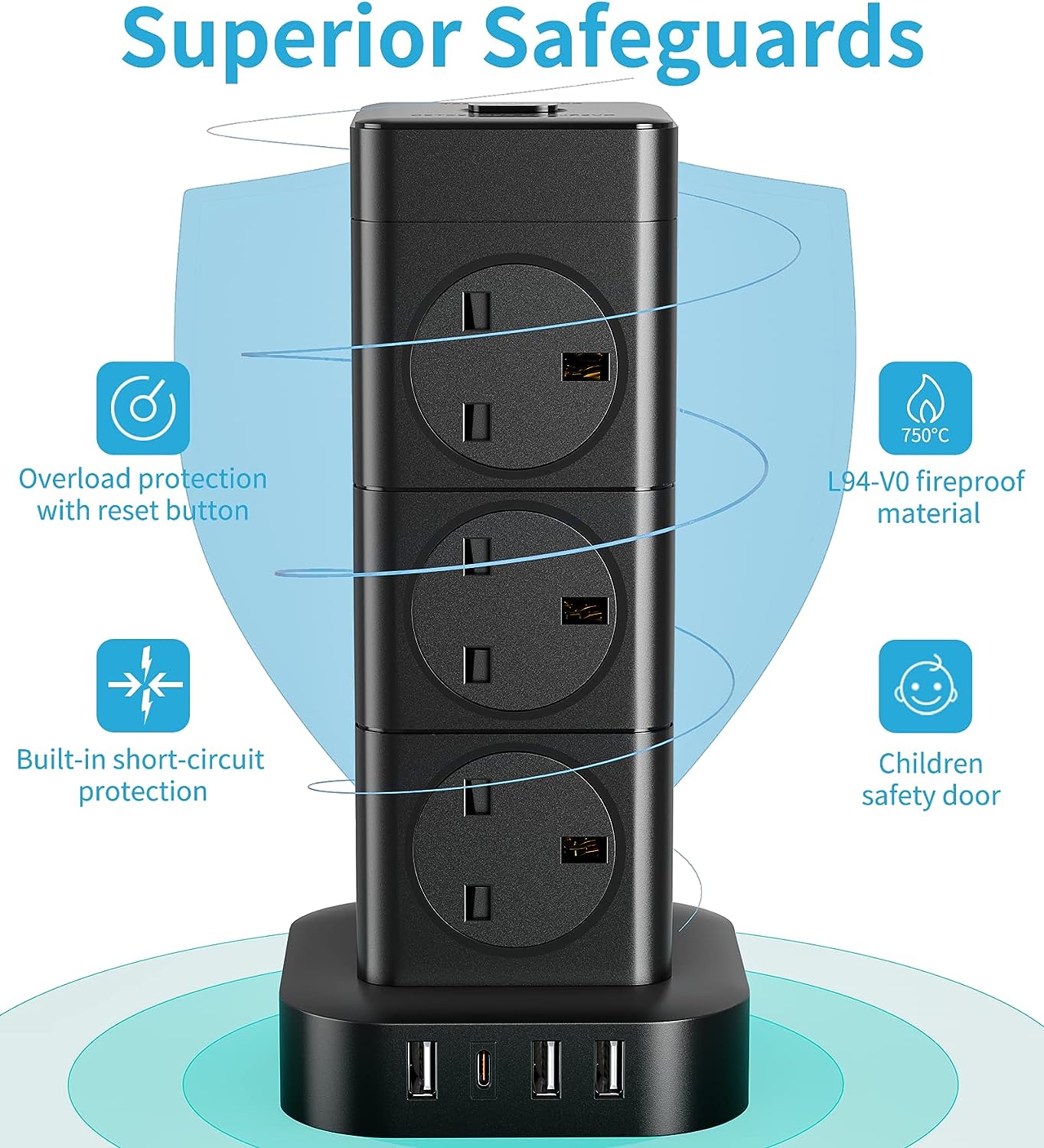 12 Way 1 Type C 3 USB Ports Tower Extension Lead