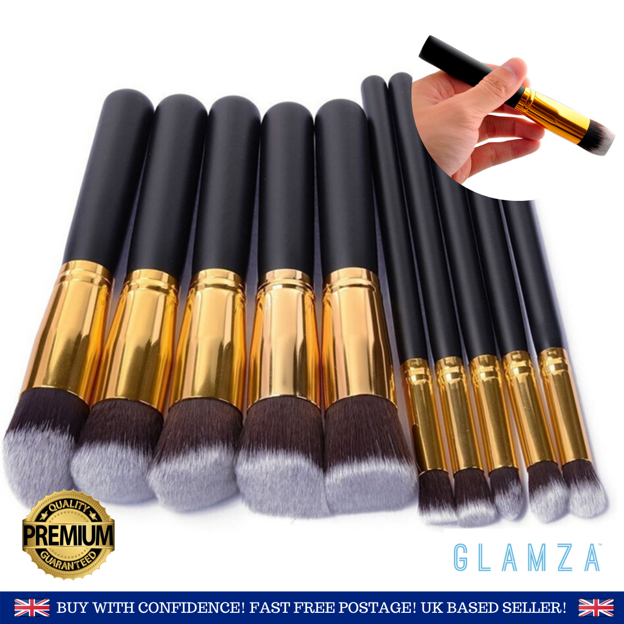 10 Piece Black & Gold Makeup Brush Set